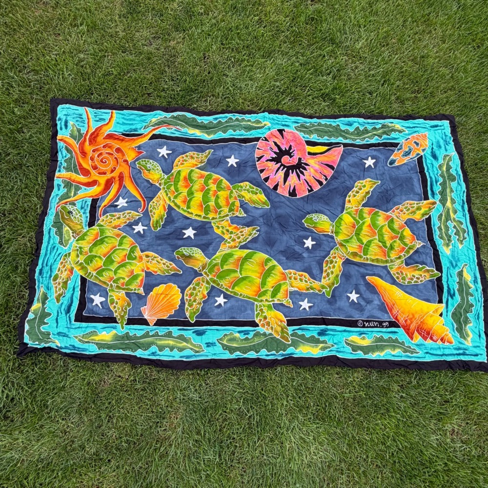 Vintage 90s Batik Sea Turtle Sarong Wrap Beach Sheet Sun Shell Navy Blue Teal